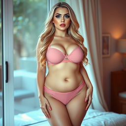 A curvy and beautiful 21-year-old woman with long blonde hair, standing by a bedroom window