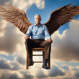 A captivating hyper-realistic image presenting a man seated on a wooden chair with wings, soaring through the sky