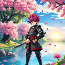 A fantastical anime scene featuring a vibrant and lush landscape filled with towering cherry blossom trees and a serene lake reflecting the clear blue sky