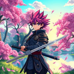 A fantastical anime scene featuring a vibrant and lush landscape filled with towering cherry blossom trees and a serene lake reflecting the clear blue sky