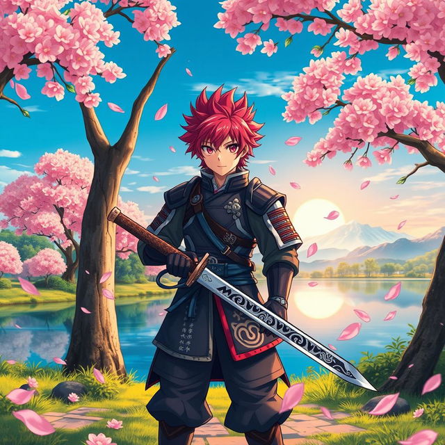 A fantastical anime scene featuring a vibrant and lush landscape filled with towering cherry blossom trees and a serene lake reflecting the clear blue sky