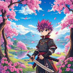 A fantastical anime scene featuring a vibrant and lush landscape filled with towering cherry blossom trees and a serene lake reflecting the clear blue sky