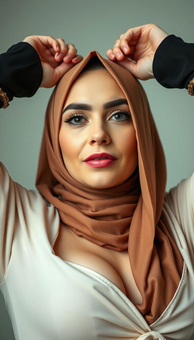 A captivating close-up of a hijab-wearing actress in her 40s with white skin, stretching her hands gracefully above her head