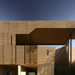 A unique house constructed predominantly from either plywood or hollow blocks, showcasing distinct textures and unconventional aesthetics.