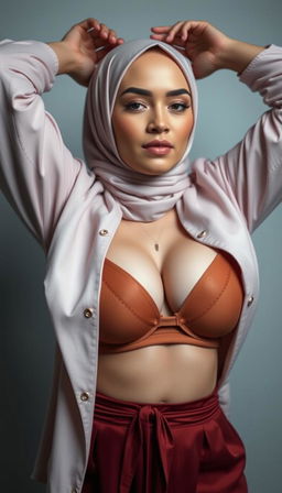 A captivating close-up of a hijab-wearing actress in her 40s with white skin, stretching her hands gracefully above her head