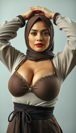 A captivating close-up of a hijab-wearing actress in her 40s with white skin, stretching her hands gracefully above her head