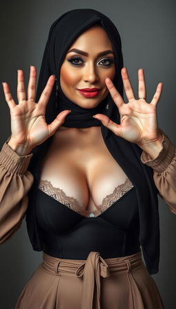 A captivating close-up of a hijab-wearing actress in her 40s with white skin, stretching her hands elegantly to display her confident demeanor