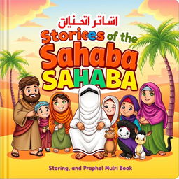 A captivating children's book cover for 'Stories of the Sahaba', featuring vibrant illustrations of famous companions of Prophet Muhammad (PBUH) in an engaging and friendly style