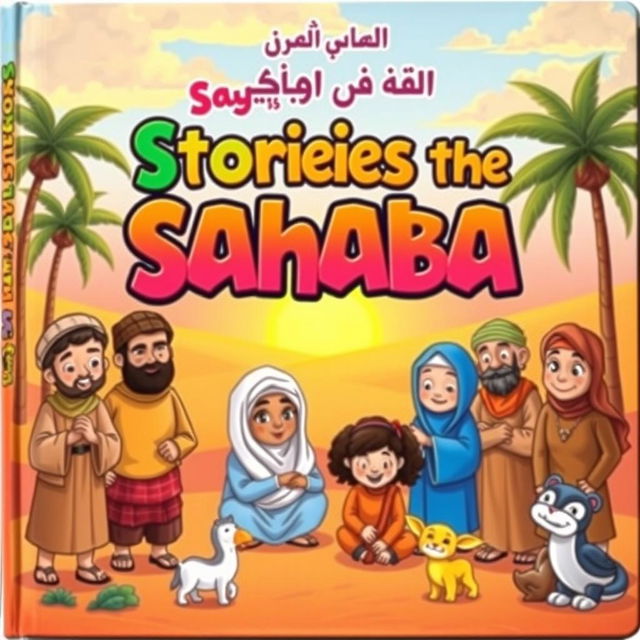 A captivating children's book cover for 'Stories of the Sahaba', featuring vibrant illustrations of famous companions of Prophet Muhammad (PBUH) in an engaging and friendly style