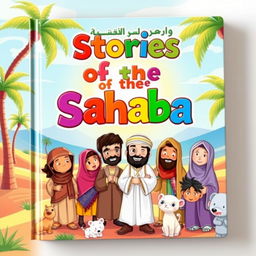 A captivating children's book cover for 'Stories of the Sahaba', featuring vibrant illustrations of famous companions of Prophet Muhammad (PBUH) in an engaging and friendly style