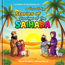 A captivating children's book cover for 'Stories of the Sahaba', featuring vibrant illustrations of famous companions of Prophet Muhammad (PBUH) in an engaging and friendly style