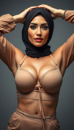 A striking close-up of a hijab-wearing actress in her 40s with white skin, gracefully stretching her hands above her head