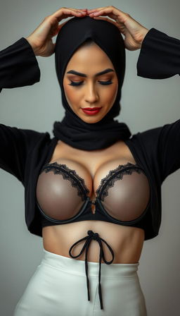 A striking close-up of a hijab-wearing actress in her 40s with white skin, gracefully stretching her hands above her head
