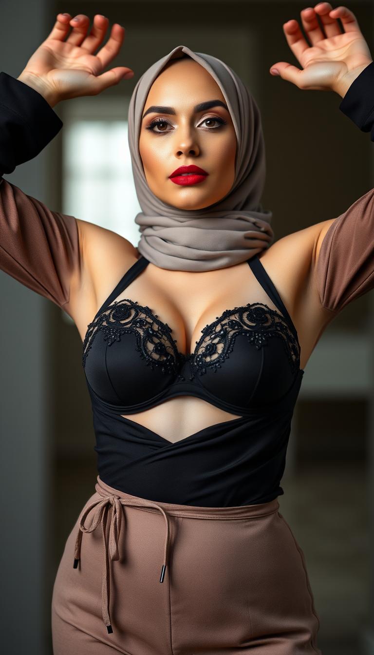 A striking close-up of a hijab-wearing actress in her 40s with white skin, gracefully stretching her hands above her head