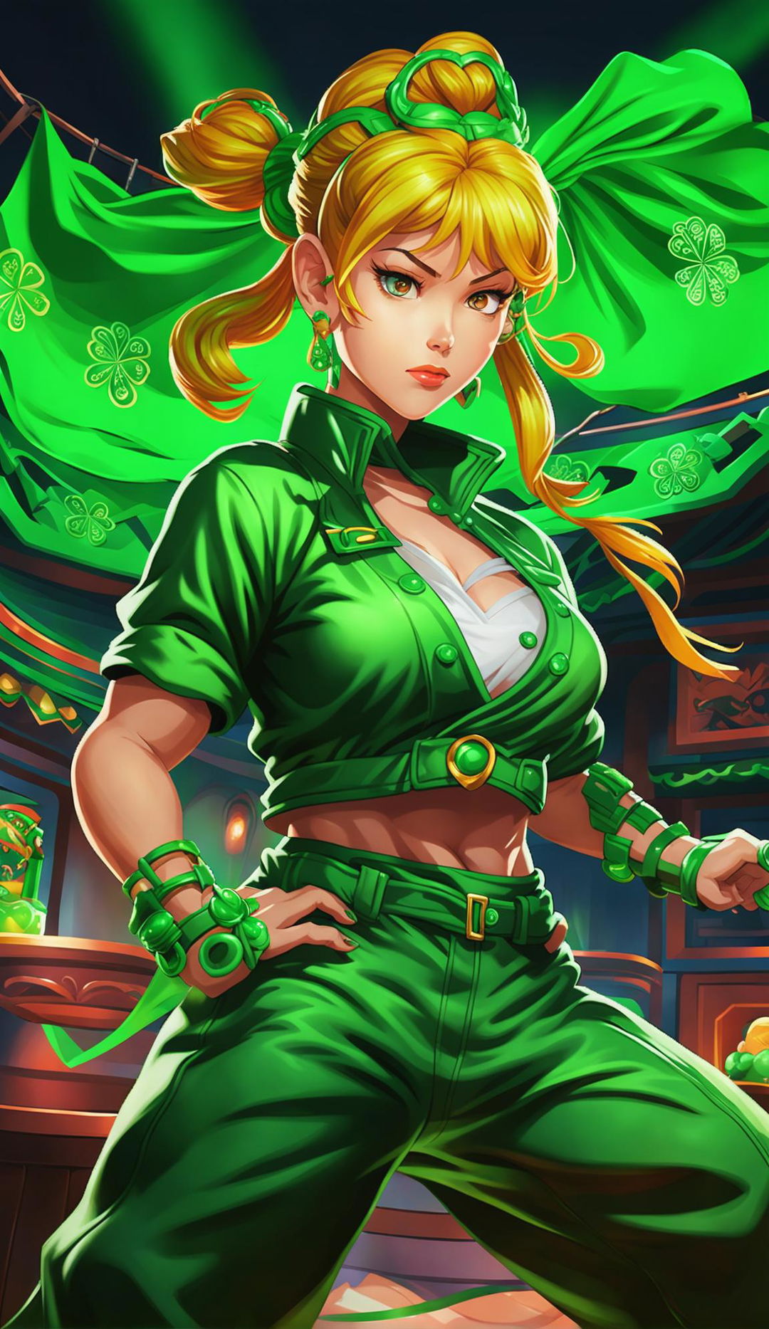 A high-definition image of Chun-Li from Street Fighter in a green version of her iconic dress, posed in a St