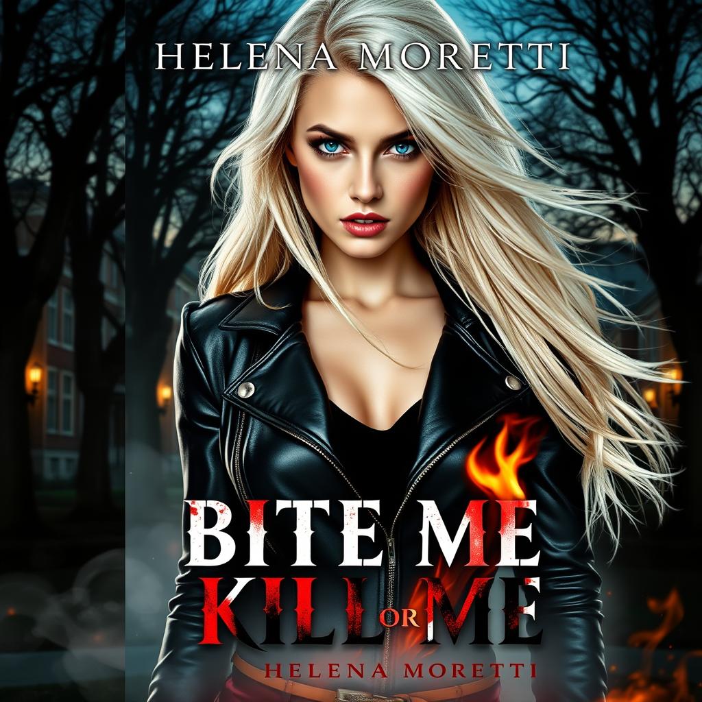 Book cover for "Bite Me or Kill Me" featuring Helena Moretti, a striking girl with long platinum blonde hair that flows dramatically over her shoulders