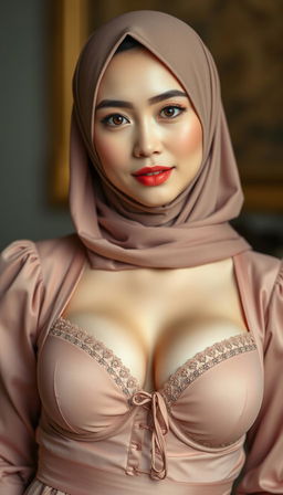 An enchanting close-up photo of an Asian hijab-wearing actress in her 40s with white skin, showcasing her shy demeanor