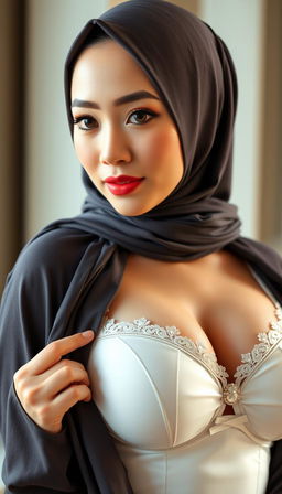 An enchanting close-up photo of an Asian hijab-wearing actress in her 40s with white skin, showcasing her shy demeanor