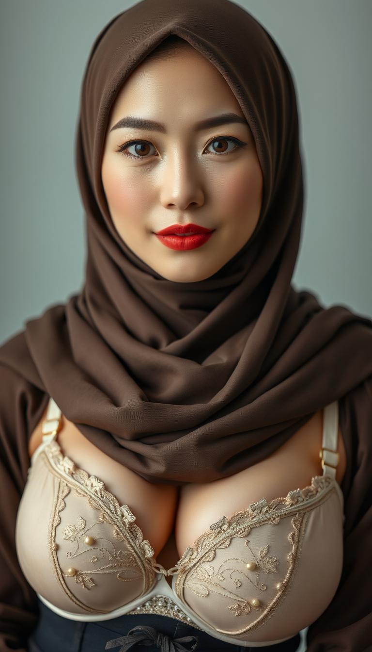 An enchanting close-up photo of an Asian hijab-wearing actress in her 40s with white skin, showcasing her shy demeanor