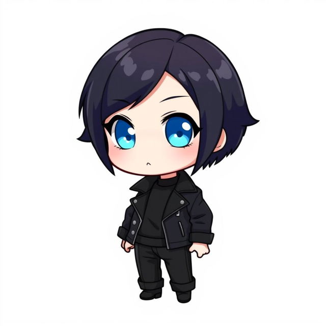 A small chibi-like character with a cute and exaggerated appearance, featuring pale skin and bright blue eyes