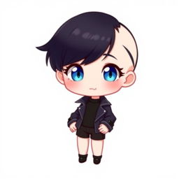 A small chibi-like character with a cute and exaggerated appearance, featuring pale skin and bright blue eyes