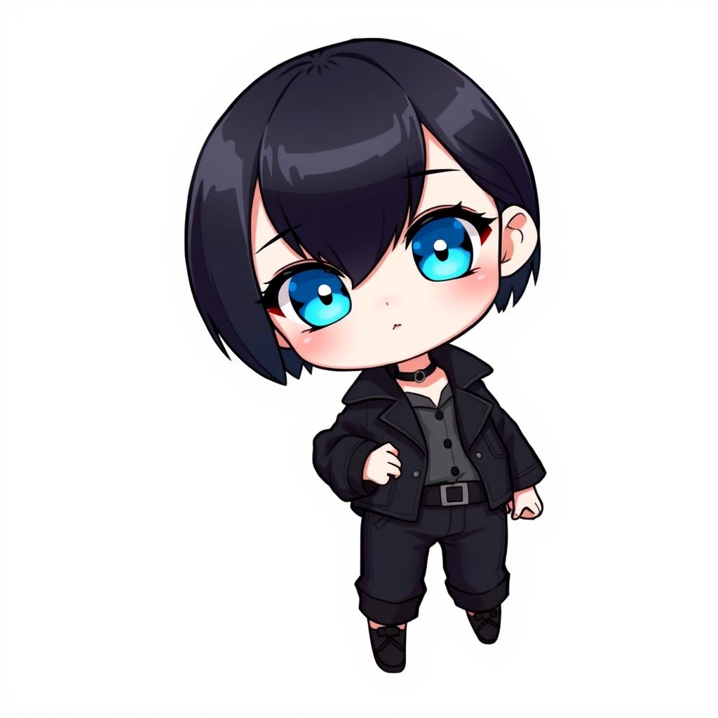 A small chibi-like character with a cute and exaggerated appearance, featuring pale skin and bright blue eyes