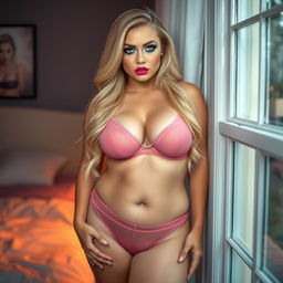 A curvy and beautiful 25-year-old woman with long blonde hair, standing by a bedroom window