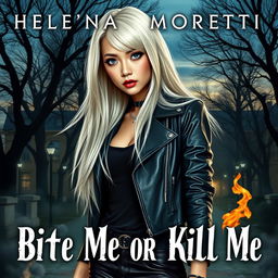 Book cover for "Bite Me or Kill Me" featuring Helena Moretti, an Asian girl with striking long platinum blonde hair that flows dramatically over her shoulders