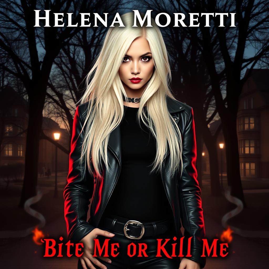 Book cover for "Bite Me or Kill Me" featuring Helena Moretti, an Asian girl with striking long platinum blonde hair that flows dramatically over her shoulders