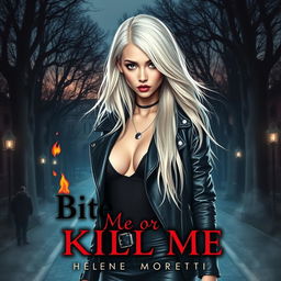 Book cover for "Bite Me or Kill Me" featuring Helena Moretti, an Asian girl with striking long platinum blonde hair that flows dramatically over her shoulders