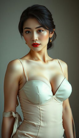 An inviting close-up photo of an Asian actress in her 40s with white skin, encapsulating a shy and demure expression