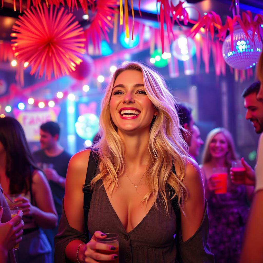 A cheerful blonde woman enjoying a lively party atmosphere