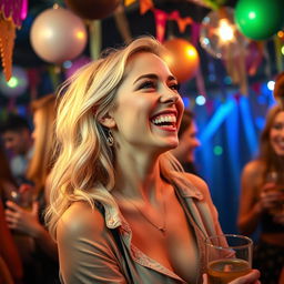 A cheerful blonde woman enjoying a lively party atmosphere