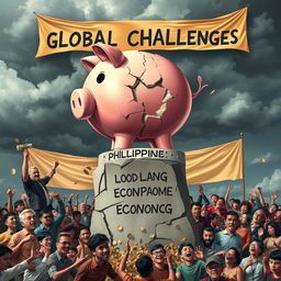 A giant, cracked piggy bank labeled 'Philippine Economy' is precariously balanced on a crumbling pedestal labeled 'Good Governance'