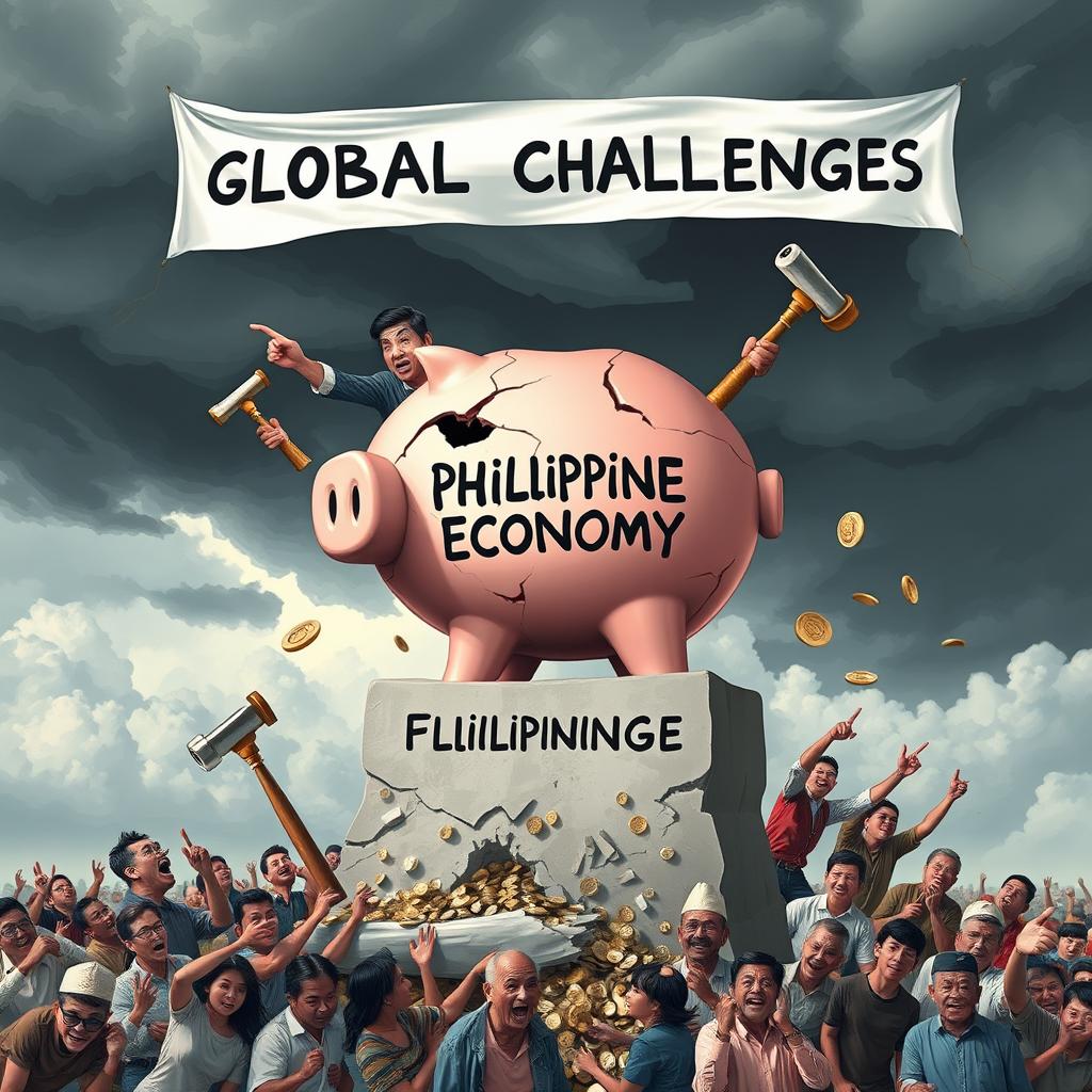 A giant, cracked piggy bank labeled 'Philippine Economy' is precariously balanced on a crumbling pedestal labeled 'Good Governance'