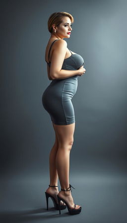 An elegant side view portrait of a 40-year-old actress with white skin, showcasing her voluptuous and busty body in a shy manner