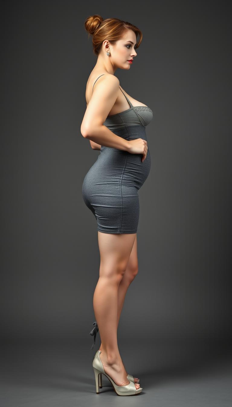 An elegant side view portrait of a 40-year-old actress with white skin, showcasing her voluptuous and busty body in a shy manner