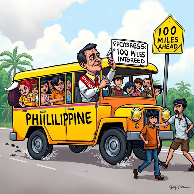 A vibrant jeepney, brightly painted and labeled 'Philippines', is overflowing with passengers who symbolize various societal issues such as 'Inflation', 'Traffic', 'Corruption', 'Health Crisis', and 'Education Gap