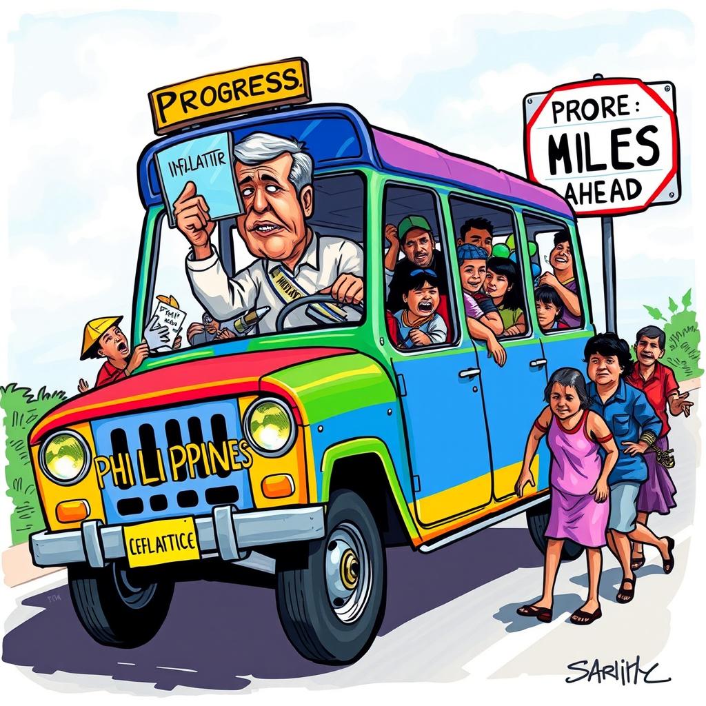 A vibrant jeepney, brightly painted and labeled 'Philippines', is overflowing with passengers who symbolize various societal issues such as 'Inflation', 'Traffic', 'Corruption', 'Health Crisis', and 'Education Gap