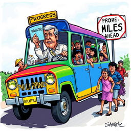 A vibrant jeepney, brightly painted and labeled 'Philippines', is overflowing with passengers who symbolize various societal issues such as 'Inflation', 'Traffic', 'Corruption', 'Health Crisis', and 'Education Gap