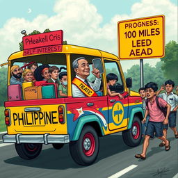 A vibrant jeepney, brightly painted and labeled 'Philippines', is overflowing with passengers who symbolize various societal issues such as 'Inflation', 'Traffic', 'Corruption', 'Health Crisis', and 'Education Gap