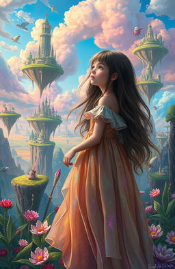 A girl who has found herself in a fantastical alternate reality, surrounded by vibrant, surreal landscapes filled with floating islands, colorful skies, and whimsical creatures