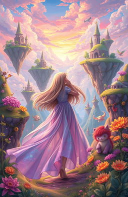 A girl who has found herself in a fantastical alternate reality, surrounded by vibrant, surreal landscapes filled with floating islands, colorful skies, and whimsical creatures