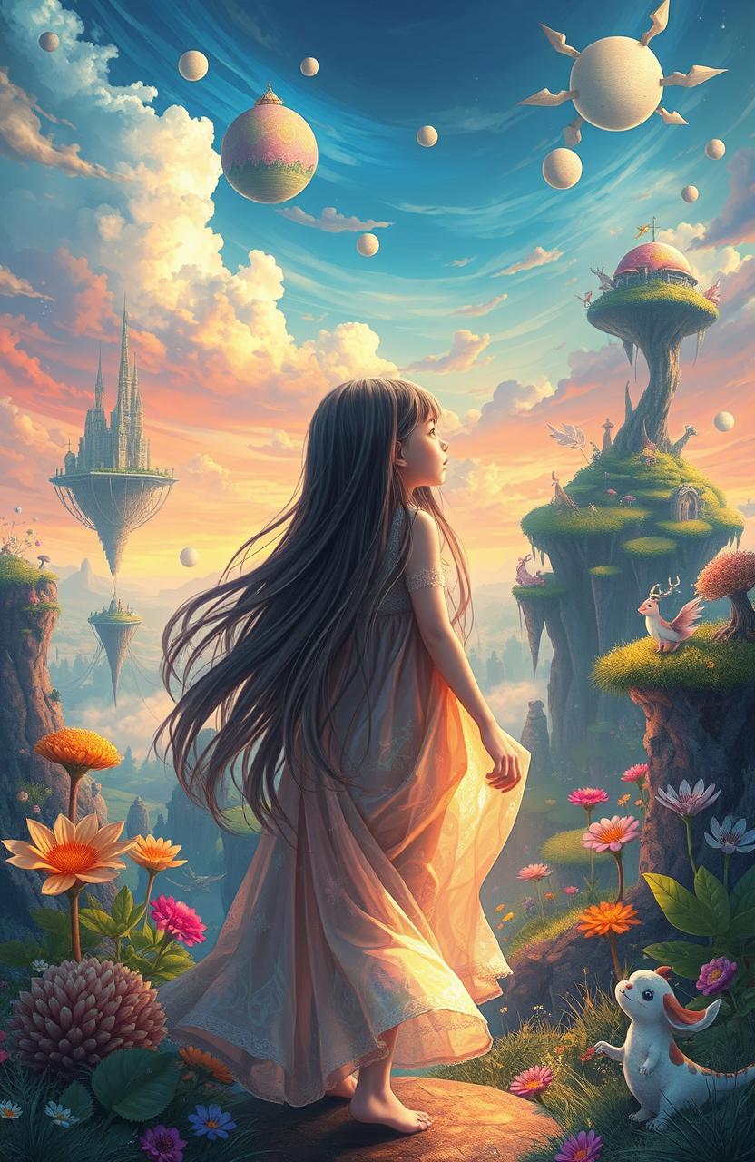 A girl who has found herself in a fantastical alternate reality, surrounded by vibrant, surreal landscapes filled with floating islands, colorful skies, and whimsical creatures