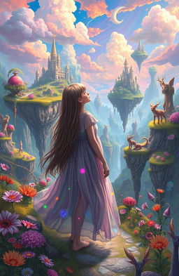A girl who has found herself in a fantastical alternate reality, surrounded by vibrant, surreal landscapes filled with floating islands, colorful skies, and whimsical creatures