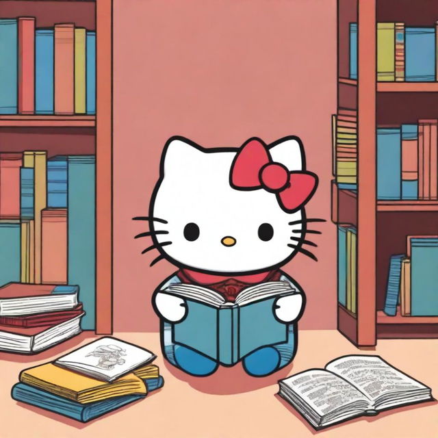 A high-quality digital art image of the lovable Hello Kitty, dressed in her iconic red bow and blue overalls, engrossed in reading a large, colorful book