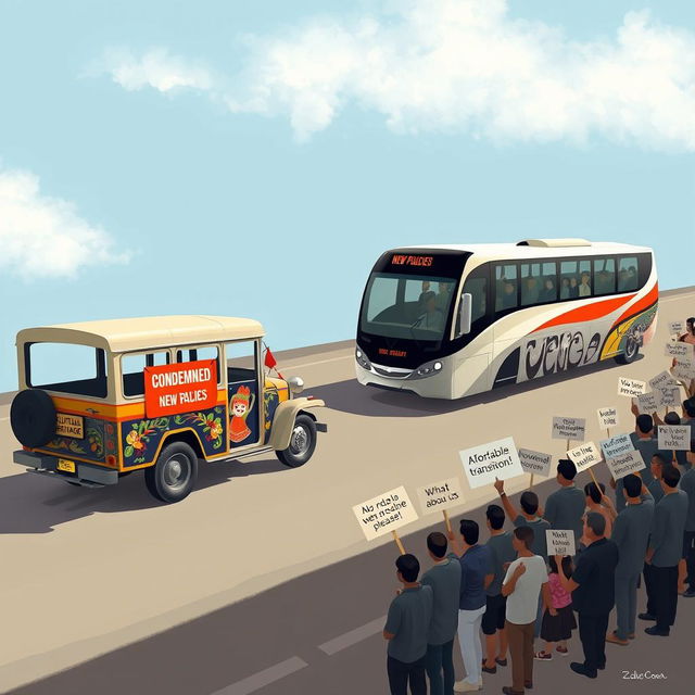 A traditional jeepney, exquisitely painted and labeled 'Cultural Heritage,' is parked forlornly on the side of the road with a bright red 'Condemned' sign hanging from it