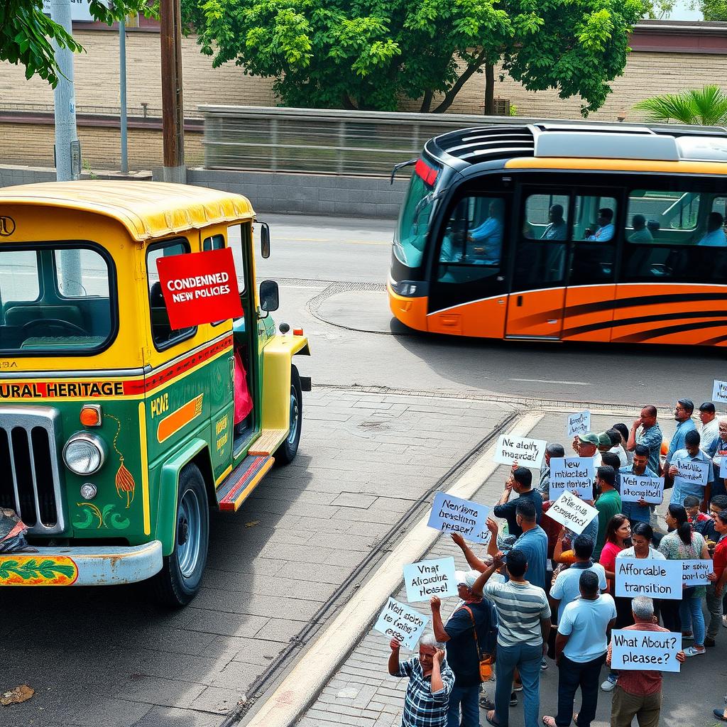 A traditional jeepney, exquisitely painted and labeled 'Cultural Heritage,' is parked forlornly on the side of the road with a bright red 'Condemned' sign hanging from it