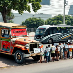 A traditional jeepney, exquisitely painted and labeled 'Cultural Heritage,' is parked forlornly on the side of the road with a bright red 'Condemned' sign hanging from it