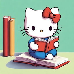 A high-quality digital art image of the lovable Hello Kitty, dressed in her iconic red bow and blue overalls, engrossed in reading a large, colorful book